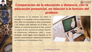 Comparación de la educación a distancia, con la
educación presencial, en relación a la función del
profesor
Las demandas de los profesores que utilizan la
tecnología en la enseñanza continúan incrementándose
(Fink, 2002). En el aprendizaje en línea, los estudiantes
y los maestros están separados por el tiempo y la
distancia. El modelo de aprendizaje en línea, presenta
un conjunto de retos. Los temas de políticas, desarrollo
de procedimientos, administración, apoyo y acceso
tecnológico, temas legales, buena disposición de los
docentes, aprovechamiento y satisfacción del estudiante
son amplificados en el aprendizaje en línea..
LIC.CHRISTIAM MONTES
4
 