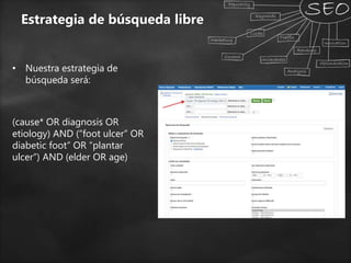 Estrategia de búsqueda libre
• Nuestra estrategia de
búsqueda será:
(cause* OR diagnosis OR
etiology) AND (“foot ulcer” OR
diabetic foot” OR “plantar
ulcer”) AND (elder OR age)
 
