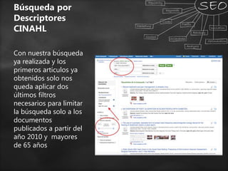 Búsqueda por
Descriptores
CINAHL
Con nuestra búsqueda
ya realizada y los
primeros artículos ya
obtenidos solo nos
queda aplicar dos
últimos filtros
necesarios para limitar
la búsqueda solo a los
documentos
publicados a partir del
año 2010 y mayores
de 65 años
 