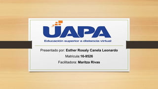 Presentado por: Esther Rosaly Canela Leonardo
Matricula:16-9526
Facilitadora: Maritza Rivas
 