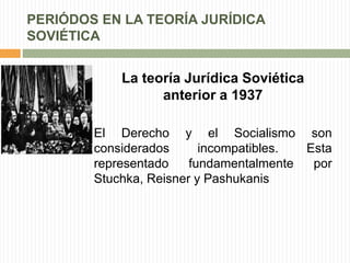 PERIÓDOS EN LA TEORÍA JURÍDICA 
SOVIÉTICA 
La teoría Jurídica Soviética 
anterior a 1937 
El Derecho y el Socialismo son 
considerados incompatibles. Esta 
representado fundamentalmente por 
Stuchka, Reisner y Pashukanis 
 