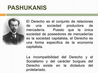 PASHUKANIS 
El Derecho es el conjunto de relaciones 
de una sociedad productora de 
mercadería. Puesto que la única 
sociedad de poseedores de mercaderías 
es la sociedad capitalista, el Derecho es 
una forma específica de la economía 
capitalista. 
La incompatibilidad del Derecho y el 
Socialismo y del carácter burgues del 
Derecho existe en la dictadura del 
proletariado. 
 