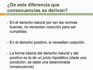 ¿De esta diferencia que 
consecuencias se derivan? 
 En el derecho natural por ser las normas 
buenas, no necesitan coacción para ser 
cumplidas. 
 En el derecho positivo, si necesitan coacción. 
 La forma básica del derecho natural y del 
positivo es la de un juicio hipotético (dada una 
condición, se debe una determinada 
consecuencia) 
 
