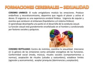 CEREBRO LIMBICO: El nudo amigdaliano modula las emociones. Produce
endorfinas y neurotransmisores, dopamina que regula el placer y activa el
deseo. El orgasmo es una experiencia cerebral límbica. Urgencia de copular y
eventos que conducen al embarazo (hipotálamo y el sistema límbico)-
El aprendizaje desempeña una parte en el desarrollo de la conducta sexual.
La función sexual está grandemente encefalizada en el hombre y condicionada
por factores sociales y psíquicos.
CEREBRO REPTILIANO: Centro de instintos, coordina la sexualidad. Interviene
en la génesis de las emociones como activador energético de las funciones.
Conformidad social (moda, música), rituales sociales (comportamientos y
normas), aceptación de rituales (saludos y costumbres), establece limites
(agresión y acercamiento), aceptar jerarquías (dominancias y aceptación).
 