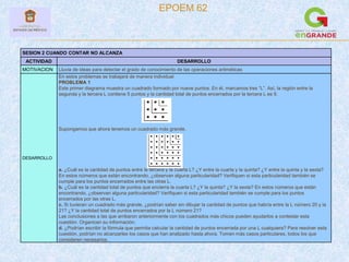 EPOEM 62
SESION 2 CUANDO CONTAR NO ALCANZA
ACTIVIDAD DESARROLLO
MOTIVACION Lluvia de ideas para detectar el grado de conocimiento de las operaciones aritméticas
DESARROLLO
En estos problemas se trabajará de manera individual
PROBLEMA 1
Este primer diagrama muestra un cuadrado formado por nueve puntos. En él, marcamos tres “L”. Así, la región entre la
segunda y la tercera L contiene 5 puntos y la cantidad total de puntos encerrados por la tercera L es 9.
Supongamos que ahora tenemos un cuadrado más grande.
a. ¿Cuál es la cantidad de puntos entre la tercera y la cuarta L? ¿Y entre la cuarta y la quinta? ¿Y entre la quinta y la sexta?
En estos números que están encontrando, ¿observan alguna particularidad? Verifiquen si esta particularidad también se
cumple para los puntos encerrados entre las otras L.
b. ¿Cuál es la cantidad total de puntos que encierra la cuarta L? ¿Y la quinta? ¿Y la sexta? En estos números que están
encontrando, ¿observan alguna particularidad? Verifiquen si esta particularidad también se cumple para los puntos
encerrados por las otras L.
c. Si tuvieran un cuadrado más grande, ¿podrían saber sin dibujar la cantidad de puntos que habría entre la L número 20 y la
21? ¿Y la cantidad total de puntos encerrados por la L número 21?
Las conclusiones a las que arribaron anteriormente con los cuadrados más chicos pueden ayudarlos a contestar esta
cuestión. Organicen su información.
d. ¿Podrían escribir la fórmula que permita calcular la cantidad de puntos encerrada por una L cualquiera? Para resolver esta
cuestión, podrían no alcanzarles los casos que han analizado hasta ahora. Tomen más casos particulares, todos los que
consideren necesarios.
 