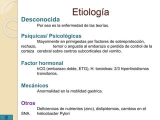 Etiología 
Desconocida 
Por eso es la enfermedad de las teorías. 
Psíquicas/ Psicológicas 
Mayormente en primigestas por factores de sobreprotección, 
rechazo, temor o angustia al embarazo o perdida de control de la 
corteza cerebral sobre centros subcorticales del vomito. 
Factor hormonal 
hCG (embarazo doble, ETG), H. toroideas: 2/3 hipertiroidismos 
transitorios. 
Mecánicos 
Anormalidad en la motilidad gastrica. 
Otros 
Deficiencias de nutrientes (zinc), dislipidemias, cambios en el 
SNA, helicobacter Pylori 
 