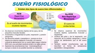 Existen dos tipos de sueno bien diferenciados
Es el sueño de movimientos
oculares rápidos
REM
Rapid Eye
Movement)
El sueno de
ondas lentas
No-REM
Non Rapid Eye
Movement)
 Se observan movimientos rápidos de los ojos y de los
pequeños músculos faciales.
 Incremento e irregularidad en pulso, respiración y presión
sanguínea.
 Se denomina estado ≪paradojico≫, porque en el se
observa la máxima relajación muscular y el máximo
umbral de alertamiento con un sueno ligero segun criterios
EEG (con una actividad cerebral similar a la vigilia activa).
 Aparecen las ensoñaciones mas “cinematograficas”,
aunque a veces no es posible recordar su contenido.
 Se observa ausencia de movimientos
oculares rápidos, quiescencia muscular y
regularidad.
 Lentitud del pulso y de la respiración, con
reducción de la presión sanguínea y menor
umbral de alertamiento que el del sueno
REM.
 También existen ensoñaciones, que se
describen en forma de sensaciones
agradables o desagradables.
 
