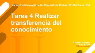 Tarea 4 Realizar
transferencia del
conocimiento
Cristian Morales
Jenny Rivas
Curso: Epistemología de las Matemáticas Código: 551103 Grupo: 954
07/Diciembre/2021
 