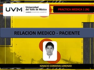 PRACTICA MEDICA 1 (N)
RELACION MEDICO - PACIENTE
IGNACIO CORDOVA LORENZO
 