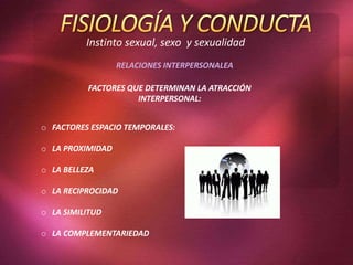 Instinto sexual, sexo y sexualidad
RELACIONES INTERPERSONALEA
FACTORES QUE DETERMINAN LA ATRACCIÓN
INTERPERSONAL:
o FACTORES ESPACIO TEMPORALES:
o LA PROXIMIDAD
o LA BELLEZA
o LA RECIPROCIDAD
o LA SIMILITUD
o LA COMPLEMENTARIEDAD
 