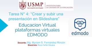 Educacion Virtual
plataformas virtuales
EDMODO
Docente: Mg. Myriam S. Fernández Rincón
Maestrista: Rocio Farfán Dávalos
Tarea N° 4: “Crear y subir una
presentación en Slideshare”
 
