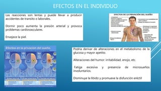 EFECTOS EN EL INDIVIDUO
Las reacciones son lentas y puede llevar a producir
accidentes de transito o laborales.
Dormir poco aumenta la presión arterial y provoca
problemas cardiovasculares.
Envejece la piel.
Podría derivar de alteraciones en el metabolismo de la
glucosa y mayor apetito.
Alteraciones del humor: irritabilidad, enojo, etc.
Fatiga excesiva y presencia de microsueños
involuntarios.
Disminuye la libido y promueve la disfunción eréctil.
 