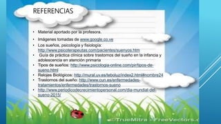 • Material aportado por la profesora.
• Imágenes tomadas de www.google.co.ve
• Los sueños, psicología y fisiología:
http://www.psicoterapeutas.com/pacientes/suenyos.htm
• Guía de práctica clínica sobre trastornos del sueño en la infancia y
adolescencia en atención primaria
• Tipos de sueños: http://www.psicologia-online.com/pir/tipos-de-
sueno.html
• Relojes Biológicos: http://mural.uv.es/teboluz/index2.html#nombre24
• Trastornos del sueño: http://www.cun.es/enfermedades-
tratamientos/enfermedades/trastornos-sueno
• http://www.periodicodecrecimientopersonal.com/dia-mundial-del-
sueno-2015/
REFERENCIAS
 