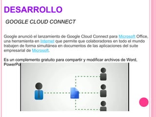 DESARROLLO   GOOGLE CLOUD CONNECT     Google anunció el lanzamiento de Google Cloud Connect para  Microsoft  Office, una herramienta en  Internet  que permite que colaboradores en todo el mundo trabajen de forma simultánea en documentos de las aplicaciones del suite empresarial de  Microsoft .     Es un complemento gratuito para compartir y modificar archivos de Word, PowerPoint y Excel con otros usuarios a la vez. 