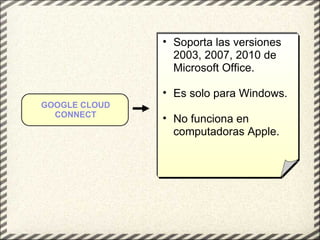 Soporta las versiones 2003, 2007, 2010 de Microsoft Office. Es solo para Windows. No funciona en computadoras Apple. GOOGLE CLOUD CONNECT 