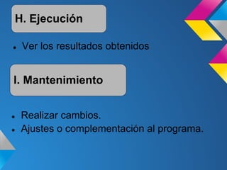 H. Ejecución

●   Ver los resultados obtenidos


I. Mantenimiento


●   Realizar cambios.
●   Ajustes o complementación al programa.
 