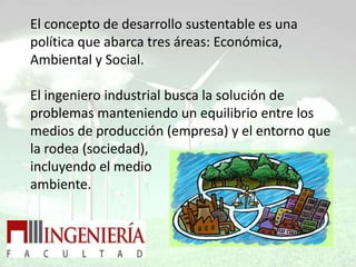 El concepto de desarrollo sustentable es una
política que abarca tres áreas: Económica,
Ambiental y Social.

El ingeniero industrial busca la solución de
problemas manteniendo un equilibrio entre los
medios de producción (empresa) y el entorno que
la rodea (sociedad),
incluyendo el medio
ambiente.
 