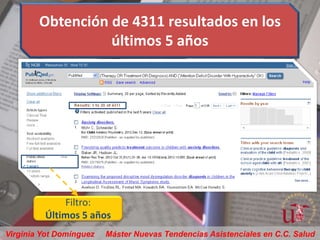 Obtención de 4311 resultados en los
                  últimos 5 años




             Filtro:
         Últimos 5 años
Virginia Yot Domínguez   Máster Nuevas Tendencias Asistenciales en C.C. Salud
 