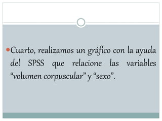 Cuarto, realizamos un gráfico con la ayuda
del SPSS que relacione las variables
“volumen corpuscular” y “sexo”.