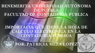 BENEMERITA UNIVERSIDAD AUTÓNOMA 
DE PUEBLA 
FACULTAD DE CONTADURIA PUBLICA 
IMPORTACIA QUE TIENE LA HOJA DE 
CALCULO ELECTRONICA EN LA 
CONTADURIA PUBLICA 
POR: PATRICIA MEZA LOPEZ 
 