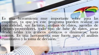Es una herramienta muy importante sobre para las 
empresas, ya que en este programa pueden realizar su 
contabilidad, sus facturas, análisis de datos, agendas de 
clientes/proveedores, todo tipo de base de datos, crear 
desde tablas y/o gráficos estáticos o dinámicos, hasta 
macros. Es una herramienta muy fuerte para el análisis 
cuantitativo y la toma de decisión. 
 