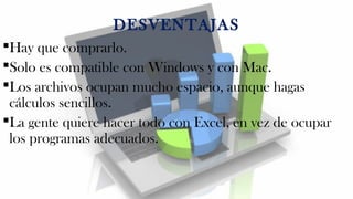 DESVENTAJAS 
Hay que comprarlo. 
Solo es compatible con Windows y con Mac. 
Los archivos ocupan mucho espacio, aunque hagas 
cálculos sencillos. 
La gente quiere hacer todo con Excel, en vez de ocupar 
los programas adecuados. 
 