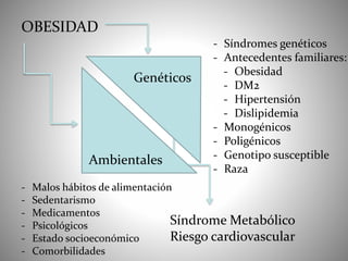 Síndrome Metabólico
Riesgo cardiovascular
Genéticos
Ambientales
- Malos hábitos de alimentación
- Sedentarismo
- Medicamentos
- Psicológicos
- Estado socioeconómico
- Comorbilidades
- Síndromes genéticos
- Antecedentes familiares:
- Obesidad
- DM2
- Hipertensión
- Dislipidemia
- Monogénicos
- Poligénicos
- Genotipo susceptible
- Raza
OBESIDAD
 
