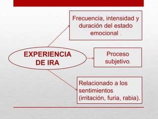 Relacionado a los
sentimientos
(irritación, furia, rabia).
Proceso
subjetivo.
Frecuencia, intensidad y
duración del estado
emocional .
EXPERIENCIA
DE IRA
 