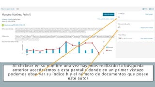 Al clickear en su nombre una vez hayamos realizado la búsqueda
anterior accederemos a esta pantalla donde en un primer vistazo
podemos observar su índice h y el número de documentos que posee
este autor
 