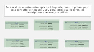 Para realizar nuestra estrategia de búsqueda, nuestro primer paso
será consultar el tesauro DESC para saber cuáles serán los
descriptores que vamos a utilizar
 