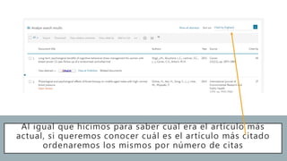 Al igual que hicimos para saber cual era el artículo más
actual, si queremos conocer cuál es el artículo más citado
ordenaremos los mismos por número de citas
 