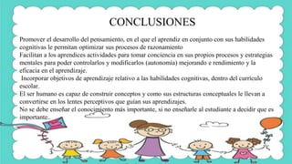 CONCLUSIONES
Promover el desarrollo del pensamiento, en el que el aprendiz en conjunto con sus habilidades
cognitivas le permitan optimizar sus procesos de razonamiento
Facilitan a los aprendices actividades para tomar conciencia en sus propios procesos y estrategias
mentales para poder controlarlos y modificarlos (autonomía) mejorando e rendimiento y la
eficacia en el aprendizaje.
Incorporar objetivos de aprendizaje relativo a las habilidades cognitivas, dentro del currículo
escolar.
El ser humano es capaz de construir conceptos y como sus estructuras conceptuales le llevan a
convertirse en los lentes perceptivos que guían sus aprendizajes.
No se debe enseñar el conocimiento más importante, si no enseñarle al estudiante a decidir que es
importante..
 