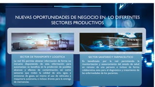 NUEVAS OPORTUNIDADES DE NEGOCIO EN LO DIFERENTES
SECTORES PRODUCTIVOS
SECTOR DE TRANSPORTE Y LOGISTICA
La red 5G permite obtener información de forma no
intrusiva disponiendo de esta información para
automatizar, se beneficia en la predicción de posibles
alcances y efectos de contaminación, así como
sensores que miden la calidad de aire, agua, y
emisiones de gases, así mismo el uso de vehículos y
maquinaria autónoma, e incluso drones para la entrega
de mercancías.
SECTOR SANITARIOY FARMACEUTICO
Es beneficiado por la red permitiendo la
monitorización y asesoramiento del estado de salud
en remoto de una persona e incluso de forma
colaborativa, esto para el diagnóstico y tratamiento de
las enfermedades de los pacientes.
 