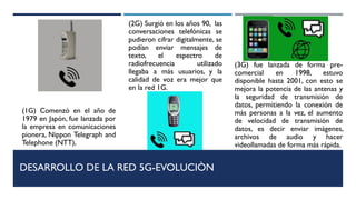 DESARROLLO DE LA RED 5G-EVOLUCIÒN
(1G) Comenzó en el año de
1979 en Japón, fue lanzada por
la empresa en comunicaciones
pionera, Nippon Telegraph and
Telephone (NTT),
(2G) Surgió en los años 90, las
conversaciones telefónicas se
pudieron cifrar digitalmente, se
podían enviar mensajes de
texto, el espectro de
radiofrecuencia utilizado
llegaba a más usuarios, y la
calidad de voz era mejor que
en la red 1G.
(3G) fue lanzada de forma pre-
comercial en 1998, estuvo
disponible hasta 2001, con esto se
mejora la potencia de las antenas y
la seguridad de transmisión de
datos, permitiendo la conexión de
más personas a la vez, el aumento
de velocidad de transmisión de
datos, es decir enviar imágenes,
archivos de audio y hacer
videollamadas de forma más rápida.
 