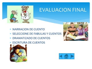  NARRACION DE CUENTO
 SELECCIONE DE FABULAS Y CUENTOS
 DRAMATIZADO DE CUENTOS
 ESCRITURA DE CUENTOS
EVALUACION FINAL
 