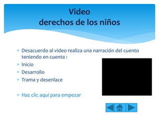  Desacuerdo al video realiza una narración del cuento
teniendo en cuenta :
 Inicio
 Desarrollo
 Trama y desenlace
 Haz clic aquí para empezar
Video
derechos de los niños
 
