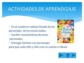  En el cuaderno realizan listado de los
personajes de los textos leídos.
 Escribir características de estos
personajes.
 Entregar laminas con personajes
para que cada niño y niña cree su cuento o fabula.
ACTIVIDADES DE APRENDIZAJE
 
