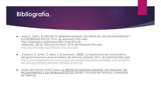 Bibliografía. 
 -Vidal C. (2001). EL PROYECTO GENOMA HUMANO. SUS VENTAJAS, SUS INCONVENIENTES Y 
SUS PROBLEMAS ÉTICOS. 2014, de aebioetica Sitio web: 
http://aebioetica.org/revistas/2001/3/46/393.pdf 
-Wikipedia. (2010). Genoma humano. 2014, de Wikipedia Sitio web: 
http://es.wikipedia.org/wiki/Genoma_humano 
 -Córdova, E., Esmer, C, Neira, C & Martínez L. (2008). La importancia del conocimiento 
del genoma humano para el médico de atención primaria. 2014, de imbiomed Sitio web: 
http://www.imbiomed.com.mx/1/1/articulos.php?method=showDetail&id_articulo=50312 
&id_seccion=909&id_ejemplar=5093&id_revista=86 
 -María del Carmen Vidal Casero. EL PROYECTO GENOMA HUMANO. SUS VENTAJAS, SUS 
INCONVENIENTES Y SUS PROBLEMAS ÉTICOS. España, Facultad de Farmacia. Universidad 
de Valencia 
