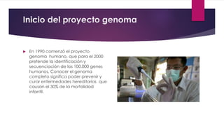 Inicio del proyecto genoma 
 En 1990 comenzó el proyecto 
genoma humano, que para el 2000 
pretende la identificación y 
secuenciación de los 100.000 genes 
humanos. Conocer el genoma 
completo significa poder prevenir y 
curar enfermedades hereditarias que 
causan el 30% de la mortalidad 
infantil. 
 