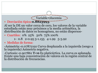 Variable Glucemia
 Desviación típica:0.8823993.
Al ser la DE un valor cerca de cero, los valores de la variable
estudiada están muy próximos a la media aritmética, la
distribución de datos es homogénea, no están dispersos-
 Cuartiles: 0% 25% 50% 75% 100%
1- 0.8 2-0.95 3-1.155 4-1.99 5-3.92
 Medidas de forma:
-Asimetría:-0.07872191 Curva desplazada a la izquierda (sesgo a
la izquierda) Asimetría negativa.
-Curtosis:-0.907861 T<0 Es platicúrtica. La curva es aplanada.
Existe una baja concentración de valores en la región central de
la distribución de frecuencias.
 