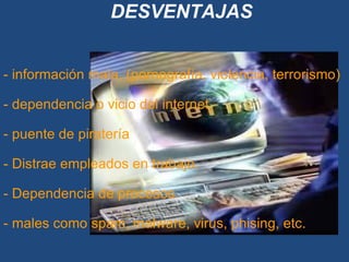 DESVENTAJAS       - información mala, (pornografía, violencia, terrorismo)   - dependencia o vicio del internet   - puente de piratería   - Distrae empleados en trabajo.   - Dependencia de procesos.    - males como spam, malware, virus, phising, etc. 