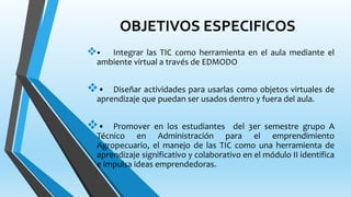 OBJETIVOS ESPECIFICOS
• Integrar las TIC como herramienta en el aula mediante el
ambiente virtual a través de EDMODO
• D...