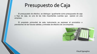 Presupuesto de Caja
El presupuesto de efectivo, se distingue igualmente como presupuesto de caja
o flujo de caja, es una de las más importantes cuentas que operan en una
empresa.
El propósito primordial de este instrumento es expresar el pronóstico o
previsiones de las futuras salidas y entradas de efectivo de una empresa.
Kleydi Sgaraglino
 