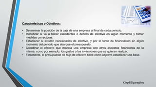 Características y Objetivos:
• Determinar la posición de la caja de una empresa al final de cada periodo.
• Identificar si va a haber excedentes o déficits de efectivo en algún momento y tomar
medidas correctoras.
• Establecer si existen necesidades de efectivo, y por lo tanto de financiación en algún
momento del periodo que abarque el presupuesto.
• Coordinar el efectivo que maneja una empresa con otros aspectos financieros de la
misma, como por ejemplo, los gastos o las inversiones que se quieran realizar.
• Finalmente, el presupuesto de flujo de efectivo tiene como objetivo establecer una base.
Kleydi Sgaraglino
 
