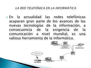  En la actualidad las redes telefónicas
acaparan gran parte de los avances de las
nuevas tecnologías de la información, a
consecuencia de la exigencia de la
comunicación a nivel mundial, es una
valiosa herramienta de la informática.
 