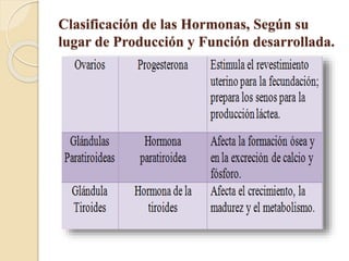 Clasificación de las Hormonas, Según su
lugar de Producción y Función desarrollada.
 