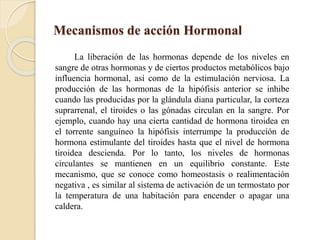 Mecanismos de acción Hormonal
La liberación de las hormonas depende de los niveles en
sangre de otras hormonas y de ciertos productos metabólicos bajo
influencia hormonal, así como de la estimulación nerviosa. La
producción de las hormonas de la hipófisis anterior se inhibe
cuando las producidas por la glándula diana particular, la corteza
suprarrenal, el tiroides o las gónadas circulan en la sangre. Por
ejemplo, cuando hay una cierta cantidad de hormona tiroidea en
el torrente sanguíneo la hipófisis interrumpe la producción de
hormona estimulante del tiroides hasta que el nivel de hormona
tiroidea descienda. Por lo tanto, los niveles de hormonas
circulantes se mantienen en un equilibrio constante. Este
mecanismo, que se conoce como homeostasis o realimentación
negativa , es similar al sistema de activación de un termostato por
la temperatura de una habitación para encender o apagar una
caldera.
 