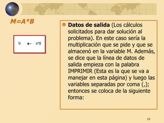 M=A*B Datos de salida  (Los cálculos solicitados para dar solución al problema). En este caso sería la multiplicación que se pide y que se almacenó en la variable M. Además, se dice que la línea de datos de salida empieza con la palabra IMPRIMIR (Esta es la que se va a manejar en esta página) y luego las variables separadas por coma (,); entonces se coloca de la siguiente forma:  