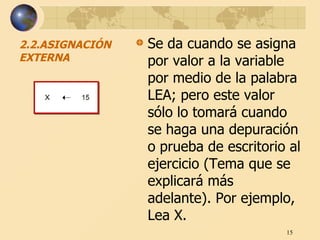 2.2.ASIGNACIÓN EXTERNA Se da cuando se asigna por valor a la variable por medio de la palabra LEA; pero este valor sólo lo tomará cuando se haga una depuración o prueba de escritorio al ejercicio (Tema que se explicará más adelante). Por ejemplo, Lea X.  
