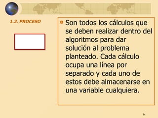 1.2. PROCESO Son todos los cálculos que se deben realizar dentro del algoritmos para dar solución al problema planteado. Cada cálculo ocupa una línea por separado y cada uno de estos debe almacenarse en una variable cualquiera.  
